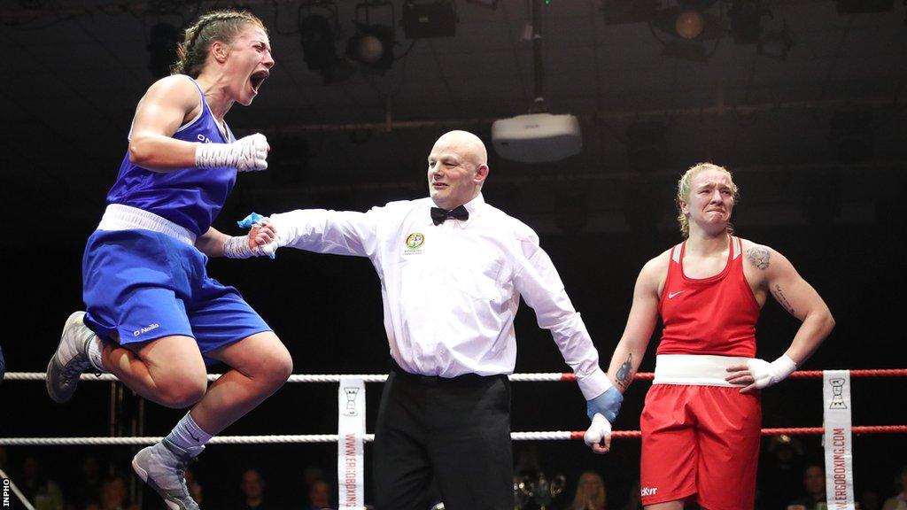 Joy and despair - Grainne Walsh leaps in delight after overcoming Amy Broadhurst in the national final