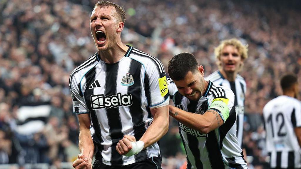 Dan Burn celebrates after opening the scoring for Newcastle United against Athletic Club in the Champions League game at St James' Park on 5 November, 2025
