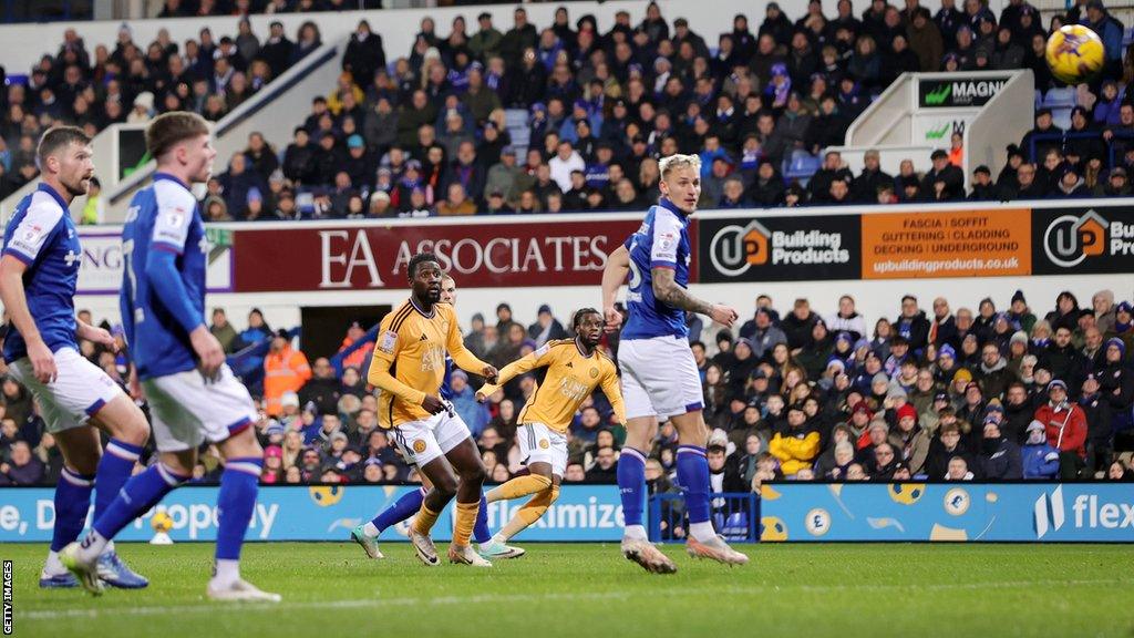 Stephy Mavididi as he bends home Leicester's opener at Ipswich