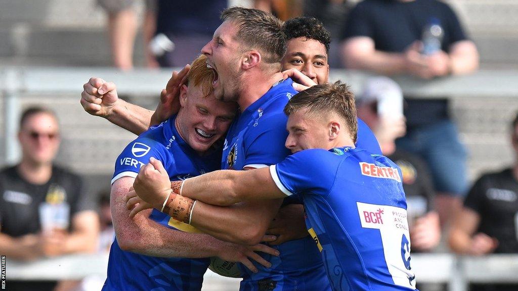 Exeter celebrate Ben Hammersley's try against Bristol