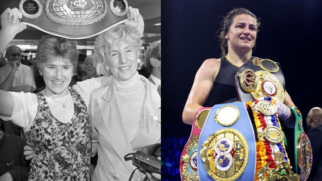 Deirdre Gogarty with her world title beside a picture of Katie Taylor with her world titles