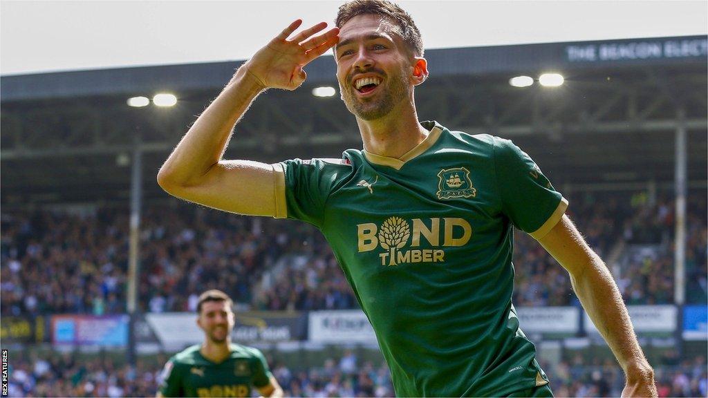 Argyle striker Ryan Hardie celebrates his second goal of the season at Home Park