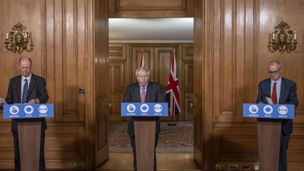 Chief Medical Officer Professor Chris Whitty, Prime Minister Boris Johnson and Chief Scientific Adviser Sir Patrick Vallance during a media briefing in Downing Street on 30 Septem,ber 2020