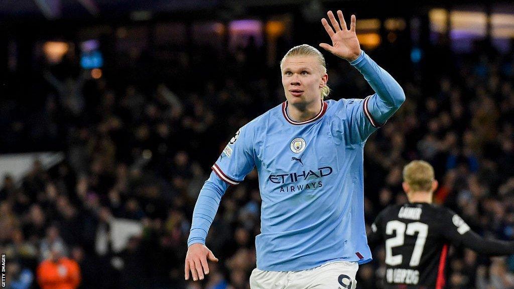 Erling Haaland celebrates scoring five against RB Leipzig in the Champions League round of 16