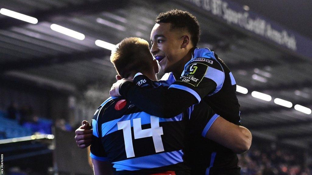 Josh Adams (14) scored a try in each half for Cardiff at Kingston Park