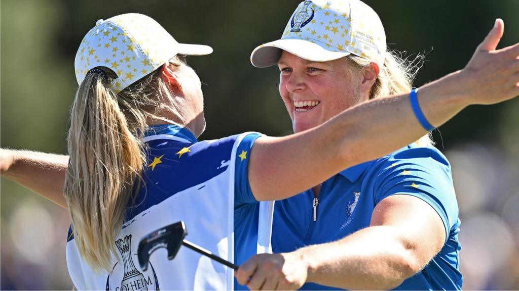 Europe's Caroline Hedwall celebrates winning her Solheim Cup singles match