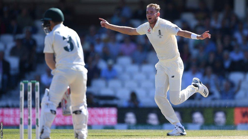 Stuart Broad celebrating after removing David Warner