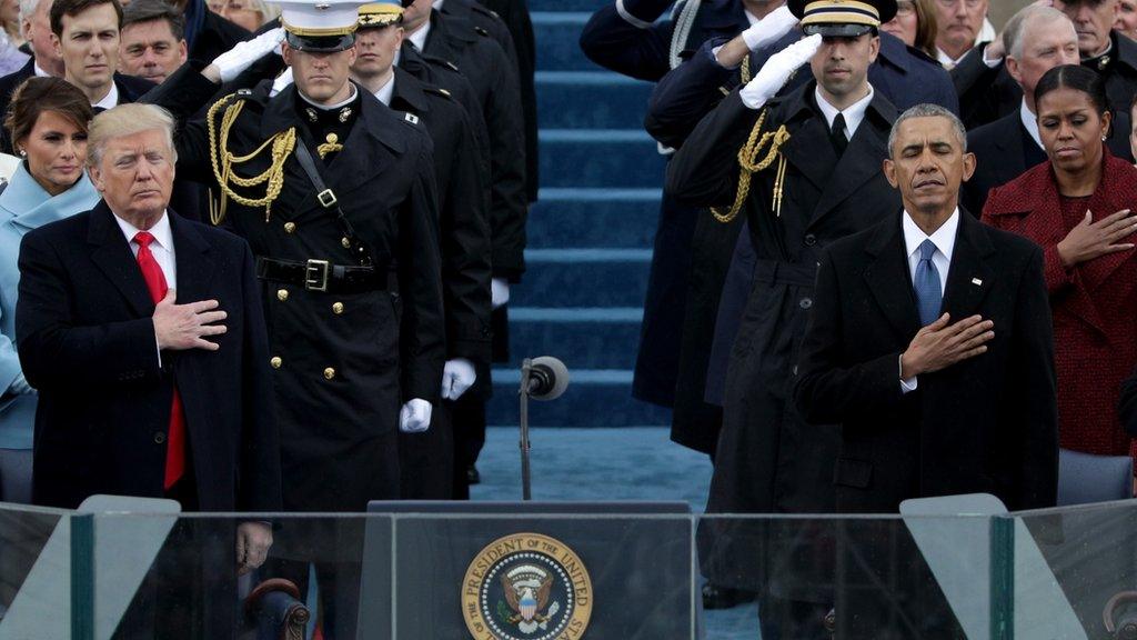 President Donald Trump (left) and former President Barack Obama, with their wives behind them, at the inauguration ceremony