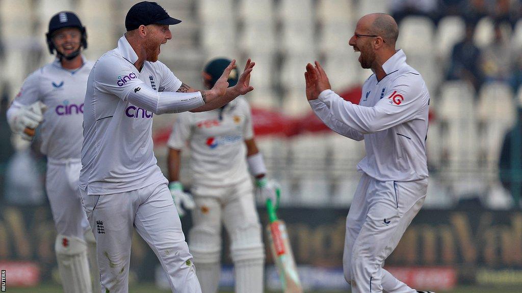 Jack Leach celebrating his wicket with Ben Stokes