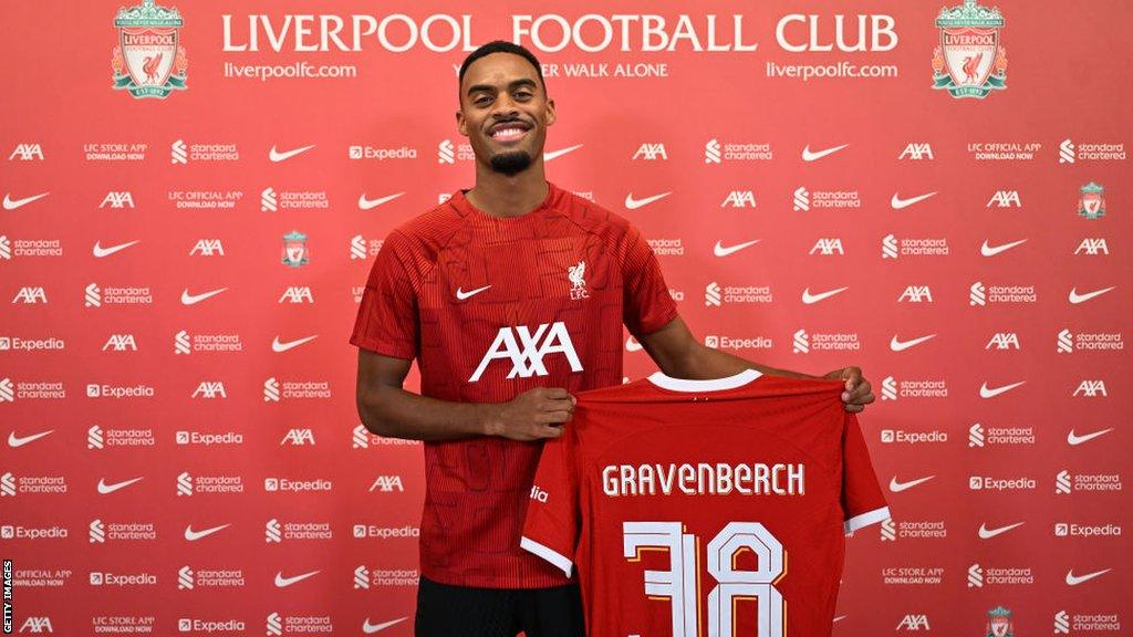 Ryan Gravenberch holds up a Liverpool shirt with his name on the back