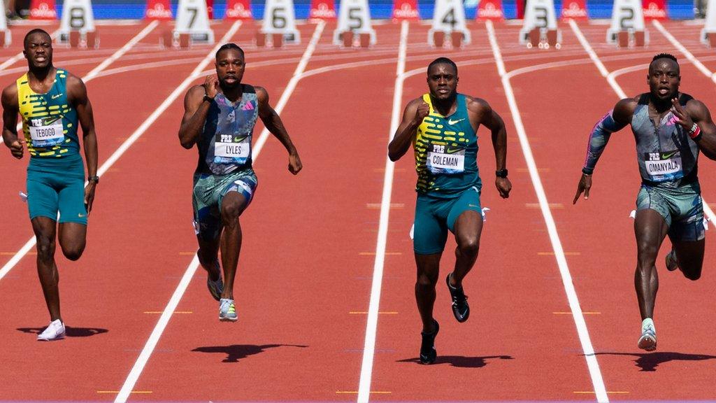 Letsile Tebogo of Botswana, Noah Lyles and Christian Coleman of the USA and Ferdinand Omanyala of Kenya compete in the men's 100m during the 2023 Diamond League final at Hayward Field in Oregon in September 2023