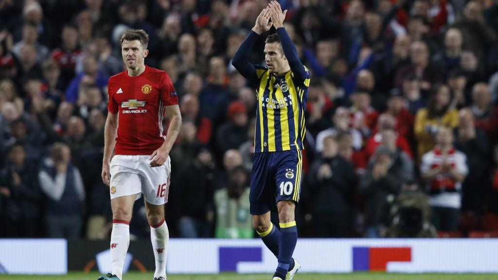 Robin van Persie celebrates scoring for Fenerbahce at Old Trafford