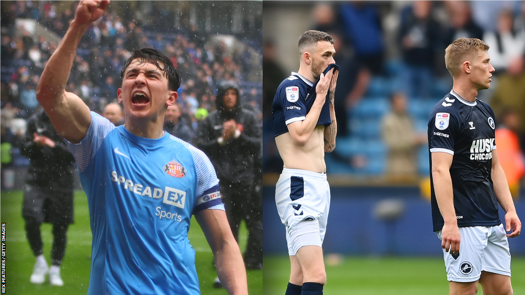 Sunderland captain Luke O'Nien celebrates their win at Preston while Millwall react to their defeat by Blackburn