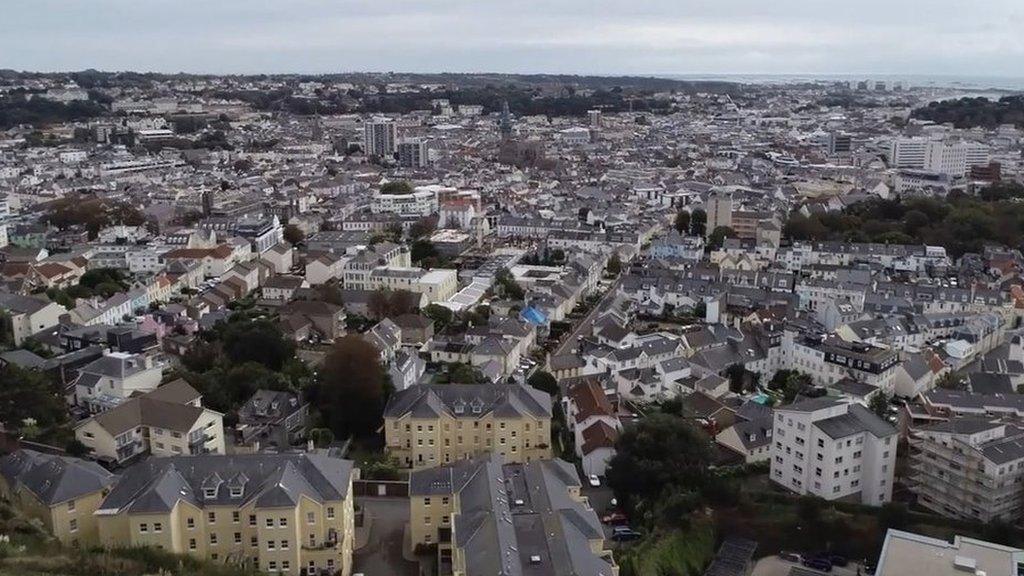 Aerial of buildings in St Helier, Jersey