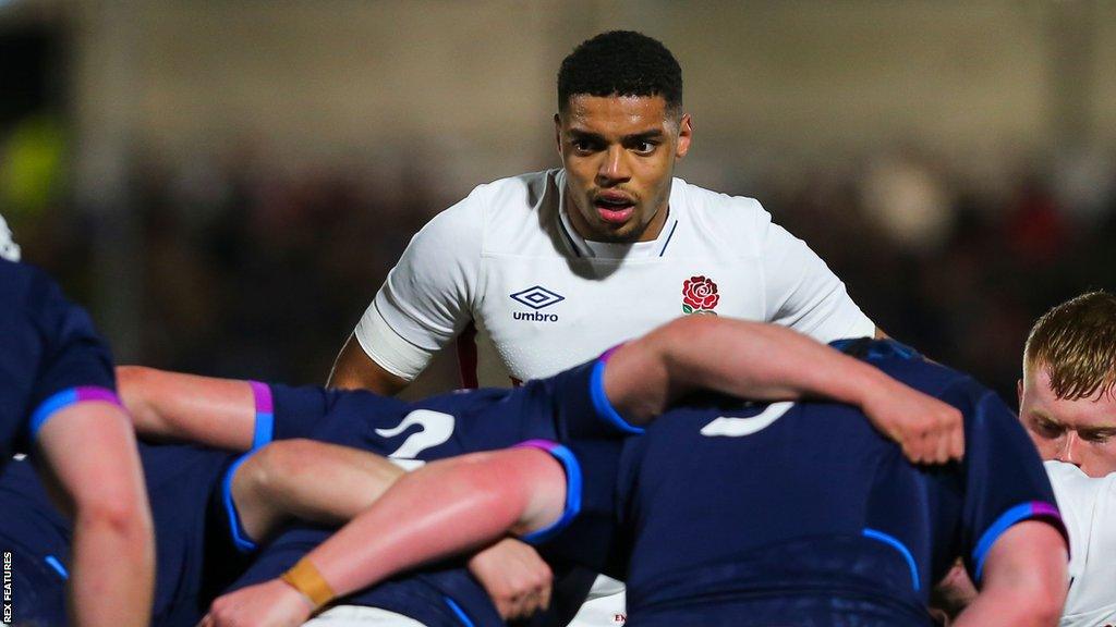 Kofi Cripps stands by a scrum for England Under-20s during the Six Nations in 2022