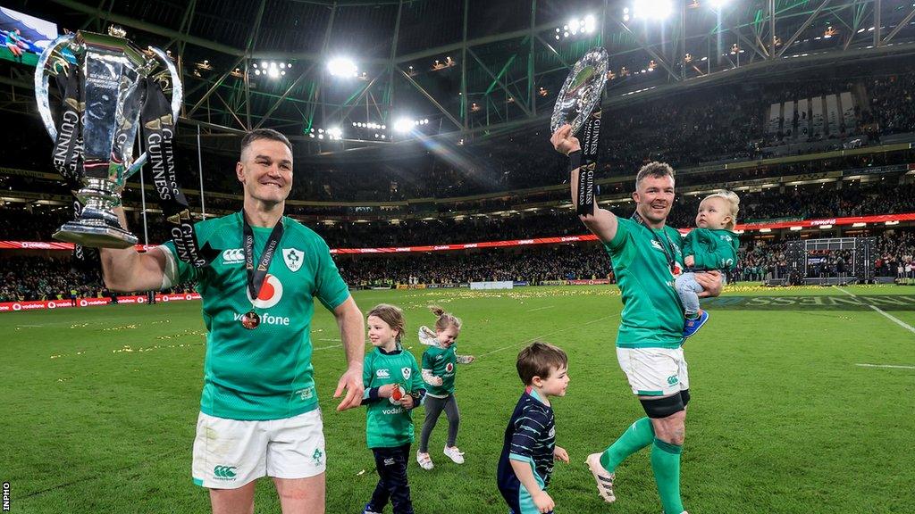 Sexton and O'Mahony celebrate Ireland's Grand Slam triumph at the Aviva Stadium in March