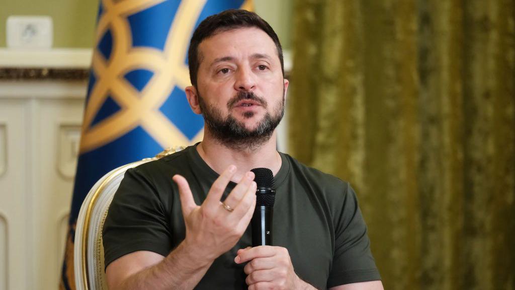 President of Ukraine Volodymyr Zelensky during a press conference on July 15, 2024 in Kyiv