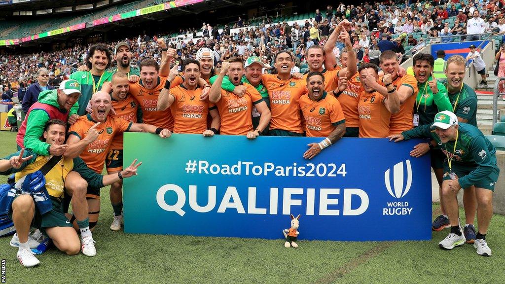 Australia celebrate qualifying for the rugby sevens at the 2024 Olympics