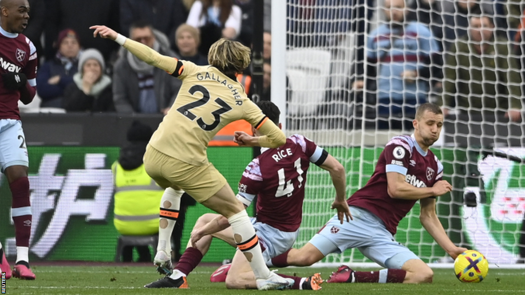 Chelsea's Conor Gallagher's shot appears to strike West Ham's player Tomas Soucek's arm