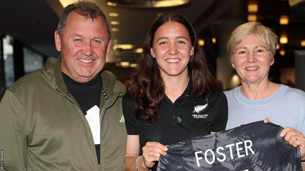 Michaela Foster (centre) poses with her parents, All Blacks coach Ian Foster (left) and Leigh Foster during the New Zealand Women's World Cup squad announcement at Eden Park