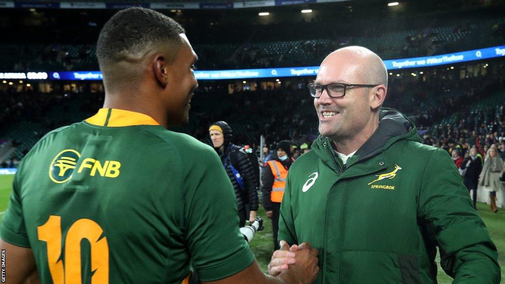 South Africa back Damian Willemse and Jacques Nienaber celebrate November's win over England