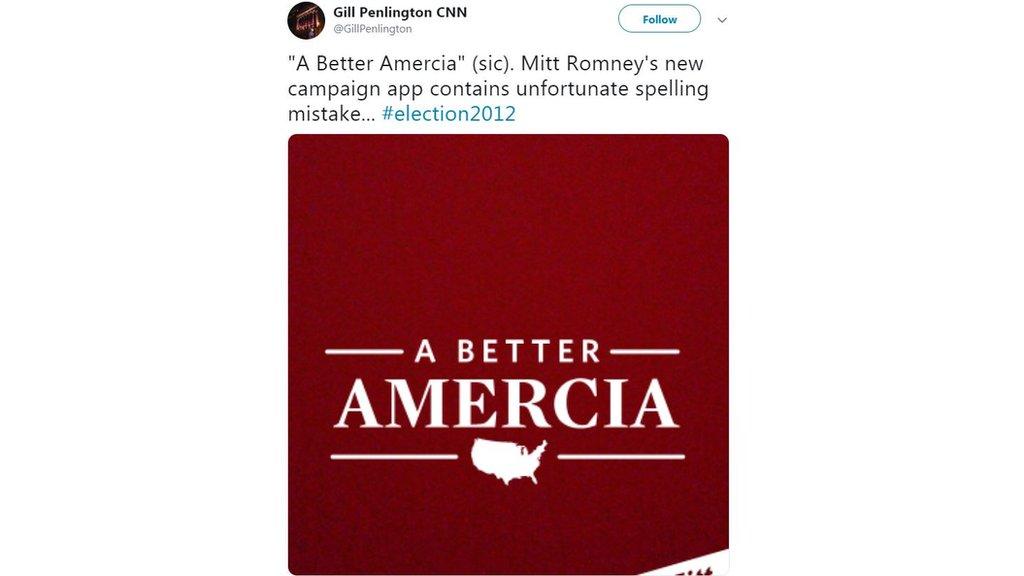 A tweet showing a spelling mistake on a Mitt Romney campaign app.