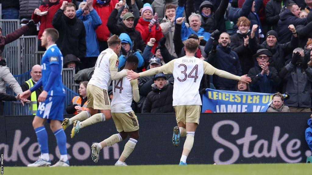 Leicester celebrate scoring at Gillingham