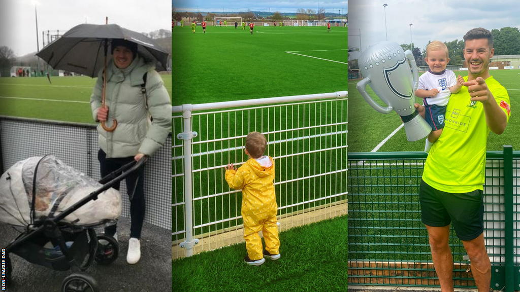 Split image of Danny Pickering with his son Marley at non-league games