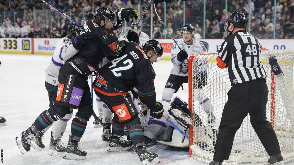 Goalmouth action from the Saturday night's game at the SSE Arena