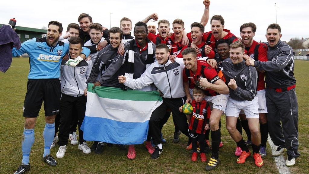 Hereford FC celebrate reaching Wembley with their their 3-1 aggregate FA Vase semi-final win over Salisbury