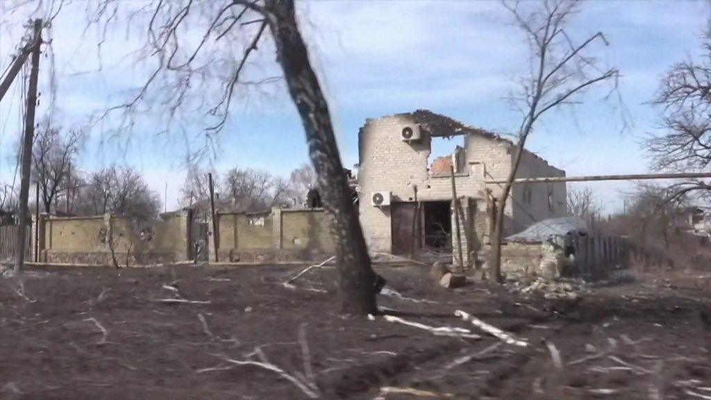 A destroyed building in Volnovakha, Ukraine