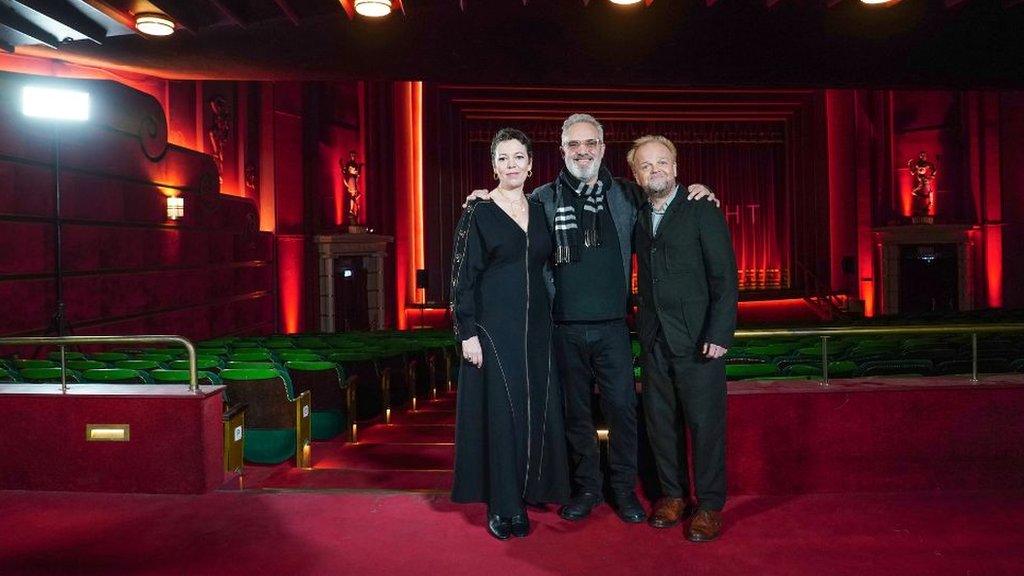 Olivia Colman, Sam Mendes and Toby Jones at Carlton Cinema in Westgate-on-Sea