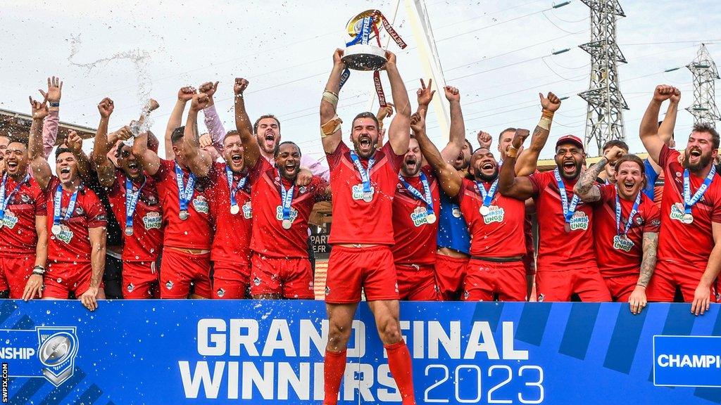 London Broncos captain Will Lovell lifts the Championship Grand Final Trophy