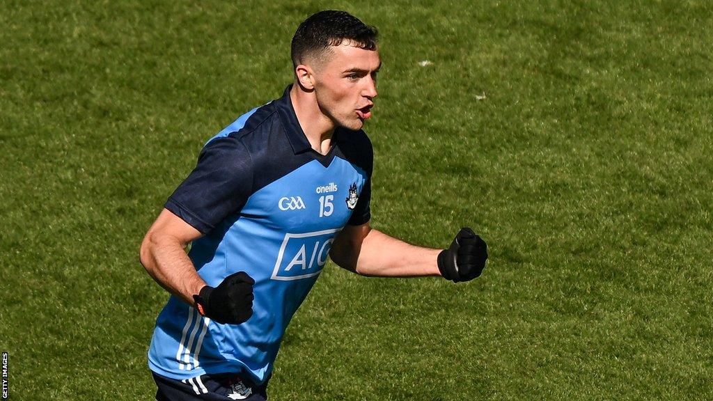 Colm Basquel celebrates one of his goals against Mayo