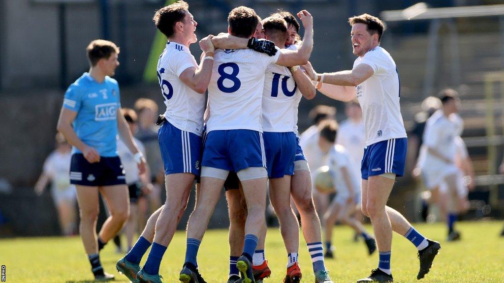 Monaghan’s Niall Kearns, Darren Hughes, Conor McCarthy and Conor McManus celebrate with Jack McCarron after the final whistle against Dublin last March