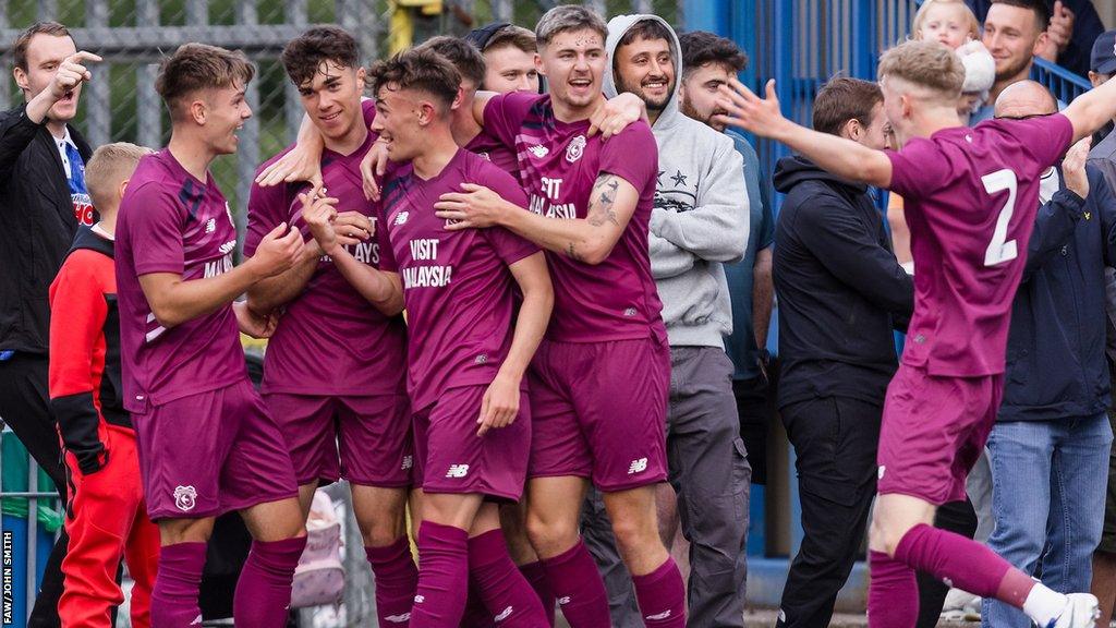 Cardiff City Under-21s celebrate victory over Cambrian & Clydach