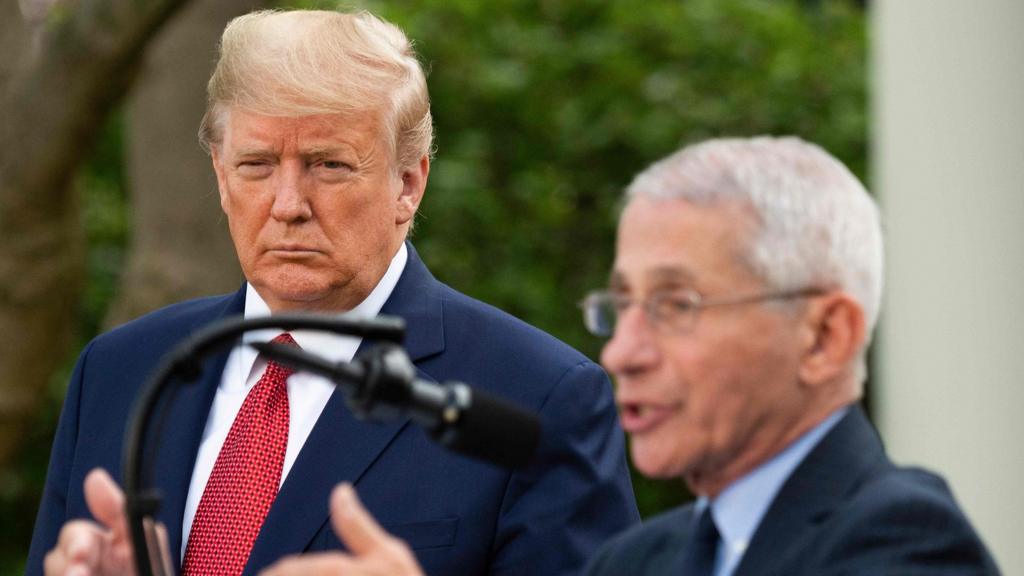 US President Donald Trump listens as Director of the National Institute of Allergy and Infectious Diseases Dr. Anthony Fauci speaks during a Coronavirus Task Force press briefing in the Rose Garden of the White House in Washington, DC, on March 29, 2020