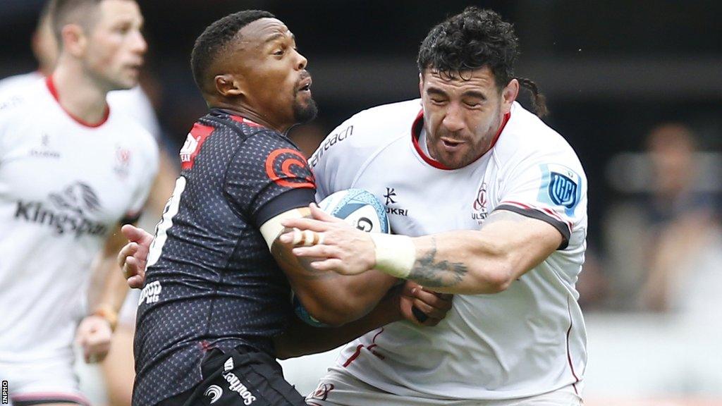 Ulster's Jeff Toomaga-Allen tackles Sikhumbuzo Notshe during the URC win over Sharks