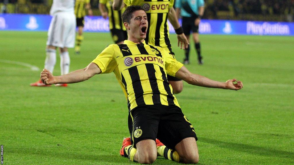 Robert Lewandowski celebrates scoring for Borussia Dortmund v Real Madrid in the 2013 Champions League semi-final