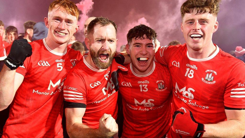 Trillick players celebrate winning the club's ninth Tyrone SFC title