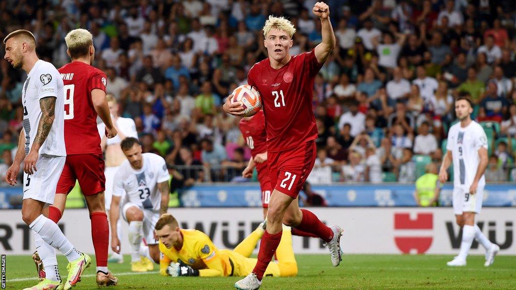 Denmark striker Rasmus Hojlund celebrates scoring