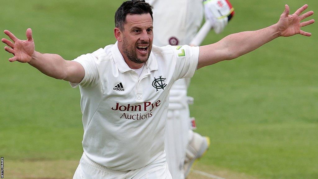 Steven Mullaney celebrates taking a wicket for Nottinghamshire