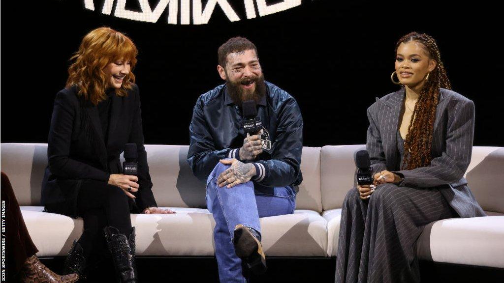 Super Bowl LVIII Pregame Artists Reba McEntire, Post Malone, and Andra Day talk to the media