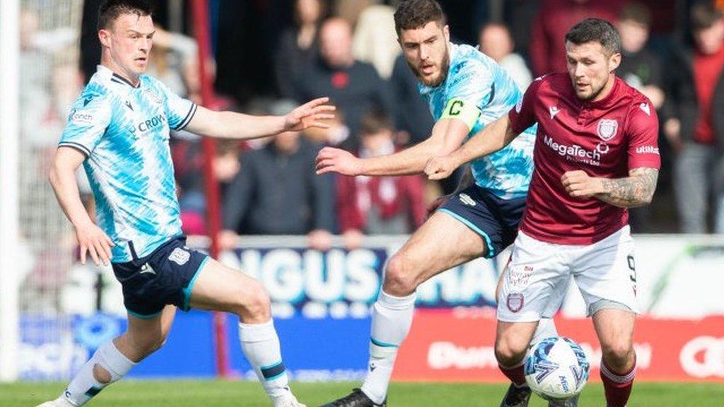 Dale Hilson of Arbroath battles against Ryan Sweeney