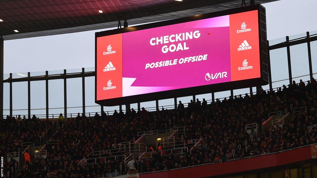 Screen shows that VAR is checking the Brentford goal