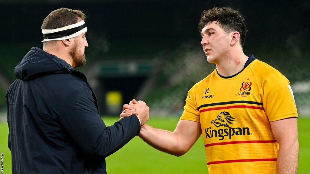 Rob Herring and Tom Stewart shake hands after Ulster's Heineken Champions Cup match against La Rochelle