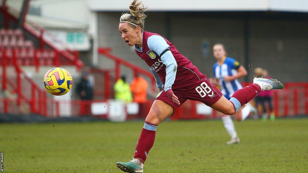 Jordan Nobbs of Aston Villa scores their sides fifth goal during the FA Women's Super League match between Brighton & Hove Albion and Aston Villa at Broadfield Stadium on February 12, 2023