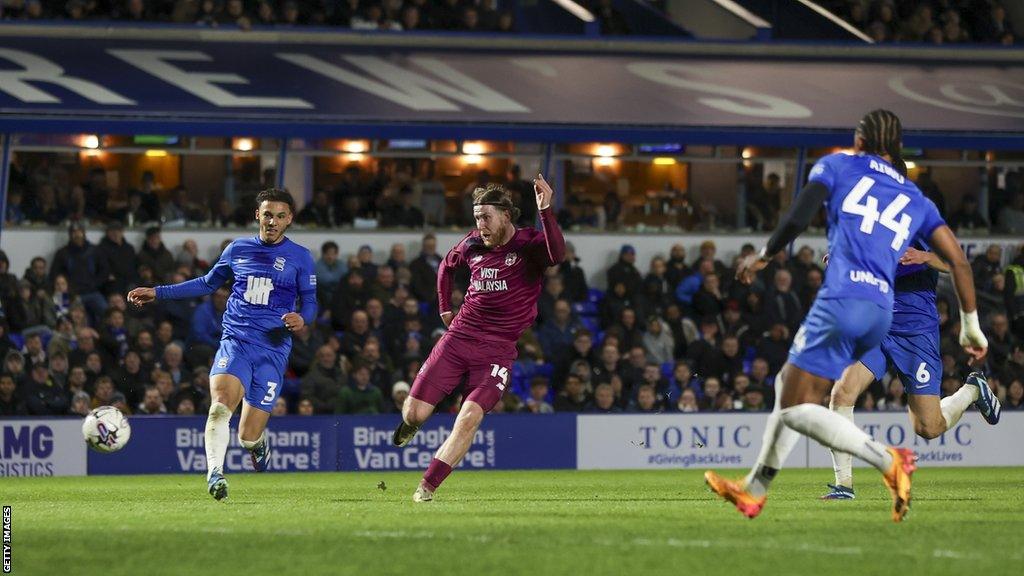 Josh Bowler scores for Cardiff City against Birmingham City