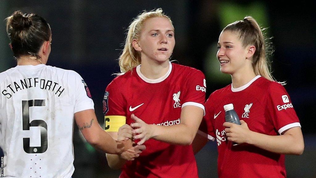 Ceri Holland of Liverpool shakes hands with Lucy Staniforth of Aston Villa at full-time after the Barclays Women's Super League match on 8 October