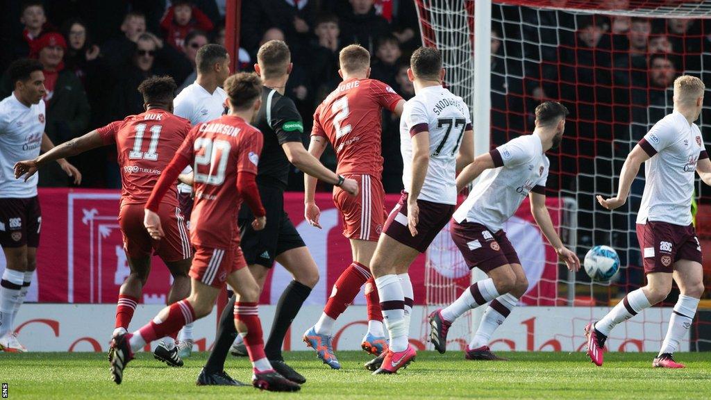 Luis 'Duk' Lopes scores for Aberdeen against Hearts